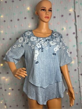 Emily Rose Light Blue Layered Floral Embroidered Tunic Top